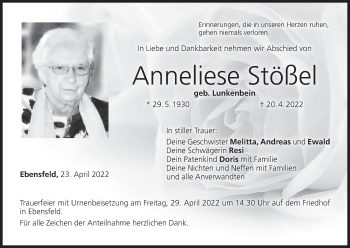 Anzeige von Anneliese Stößel von MGO
