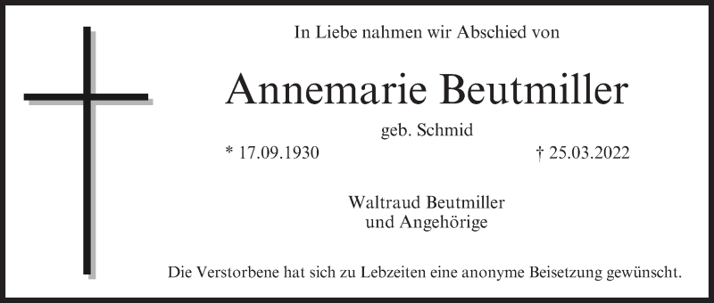  Traueranzeige für Annemarie Beutmiller vom 02.04.2022 aus MGO