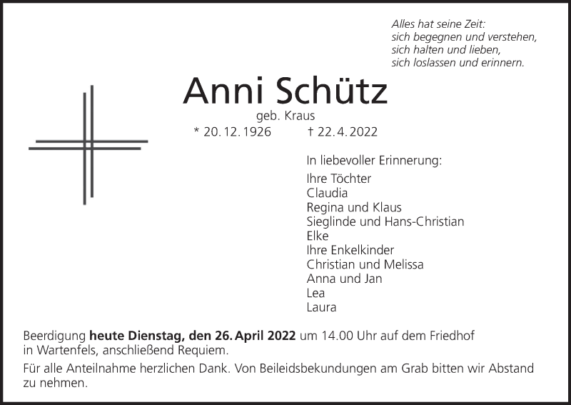  Traueranzeige für Anni Schütz vom 26.04.2022 aus MGO