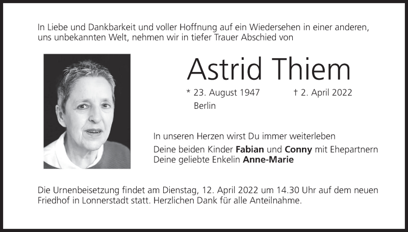  Traueranzeige für Astrid Thiem vom 09.04.2022 aus MGO