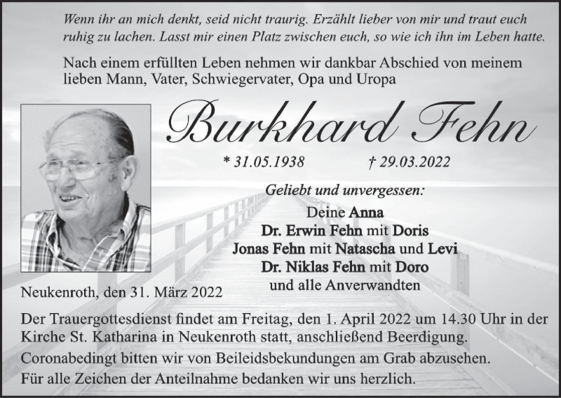  Traueranzeige für Burkhard Fehn vom 31.03.2022 aus MGO