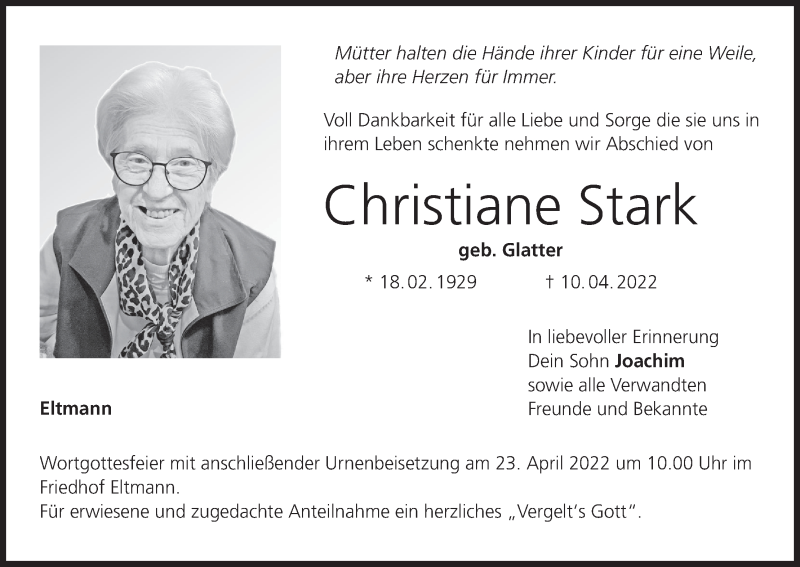  Traueranzeige für Christiane Stark vom 21.04.2022 aus MGO