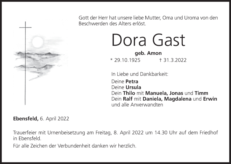  Traueranzeige für Dora Gast vom 06.04.2022 aus MGO