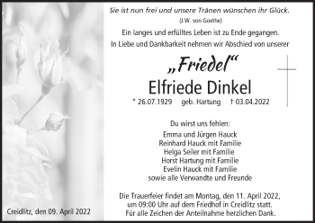 Anzeige von Elfriede Dinkel von MGO