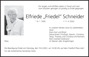 Anzeige von Elfriede Schneider von MGO