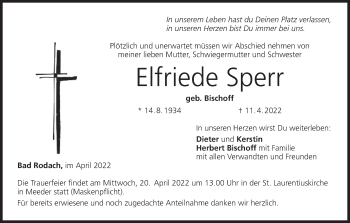 Anzeige von Elfriede Sperr von MGO