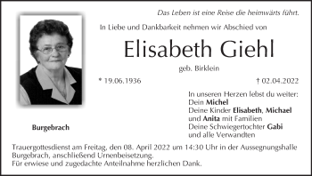 Anzeige von Elisabeth Giehl von MGO
