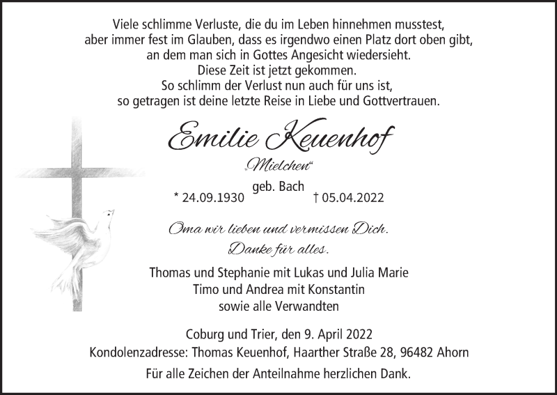  Traueranzeige für Emilie Keuenhof vom 09.04.2022 aus MGO