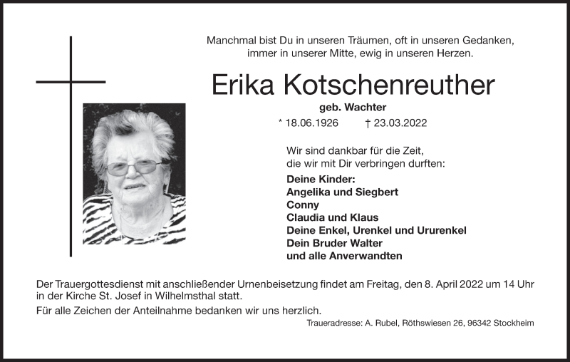  Traueranzeige für Erika Kotschenreuther vom 02.04.2022 aus MGO
