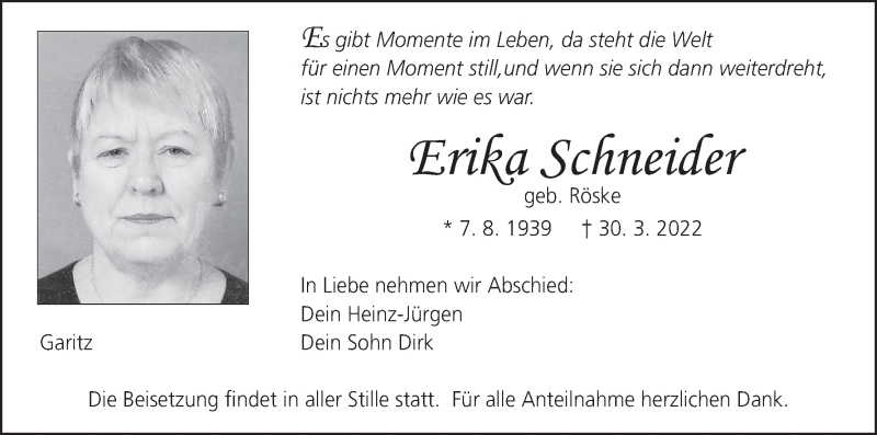  Traueranzeige für Erika Schneider vom 02.04.2022 aus MGO