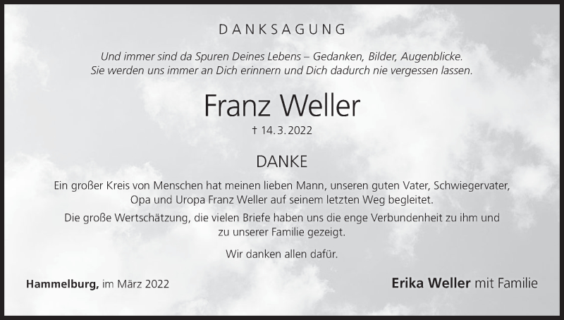  Traueranzeige für Franz Weller vom 02.04.2022 aus MGO