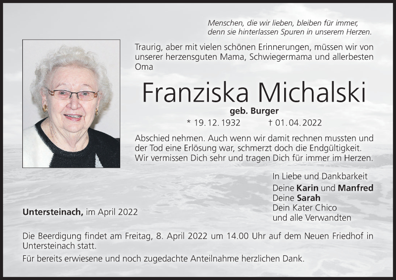  Traueranzeige für Franziska Michalski vom 05.04.2022 aus MGO