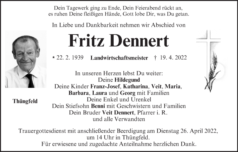  Traueranzeige für Fritz Dennert vom 23.04.2022 aus MGO