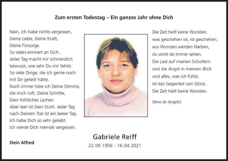  Traueranzeige für Gabriele Reiff vom 16.04.2022 aus MGO