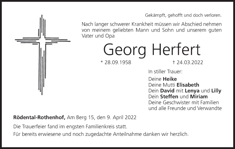  Traueranzeige für Georg Herfert vom 09.04.2022 aus MGO