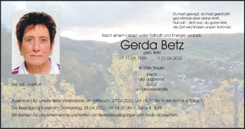 Anzeige von Gerda Betz von MGO