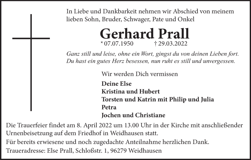  Traueranzeige für Gerhard Prall vom 06.04.2022 aus MGO