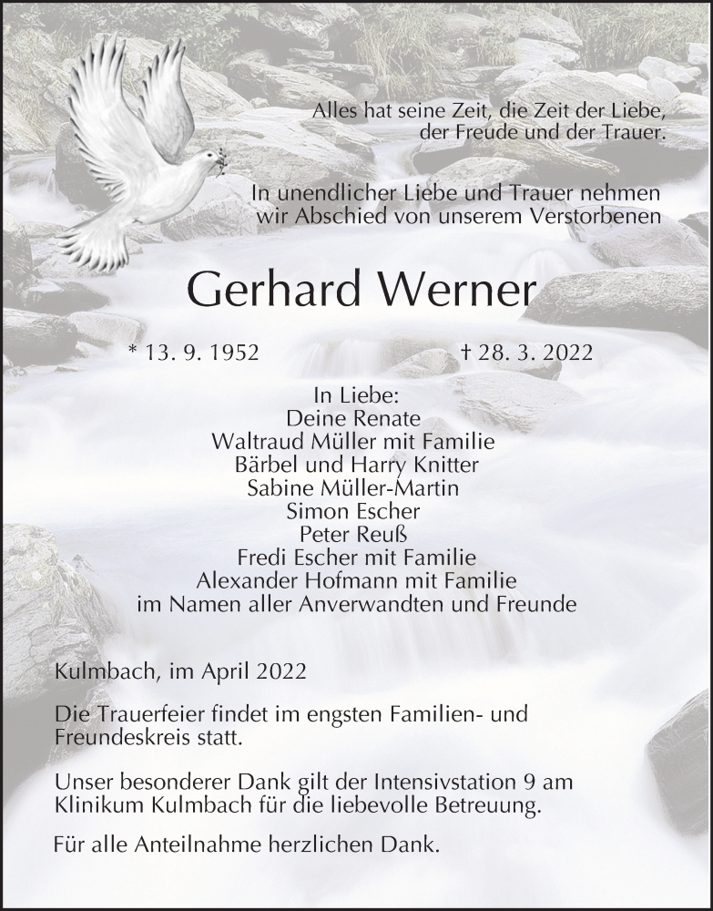  Traueranzeige für Gerhard Werner vom 02.04.2022 aus MGO