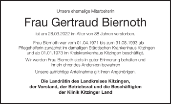 Anzeige von Gertraud Biernoth von MGO