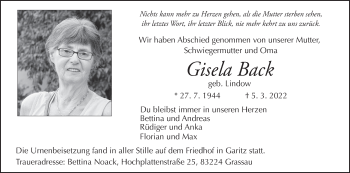 Anzeige von Gisela Back von MGO