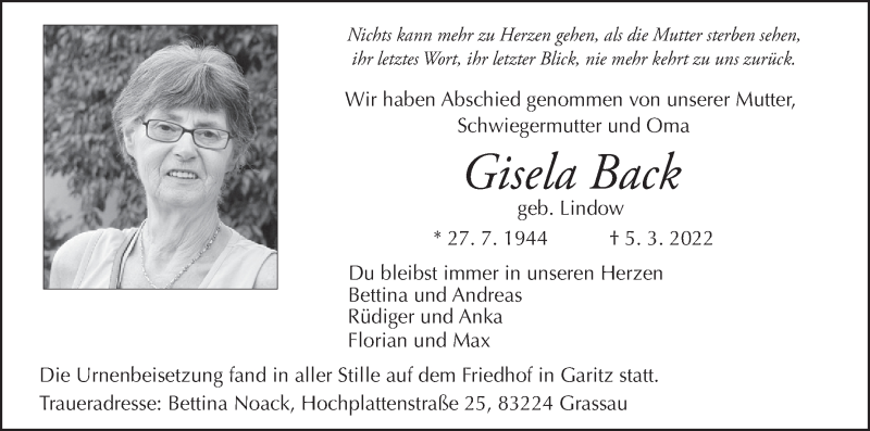  Traueranzeige für Gisela Back vom 02.04.2022 aus MGO