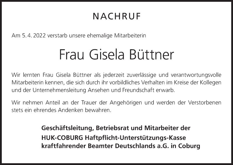  Traueranzeige für Gisela Büttner vom 22.04.2022 aus MGO