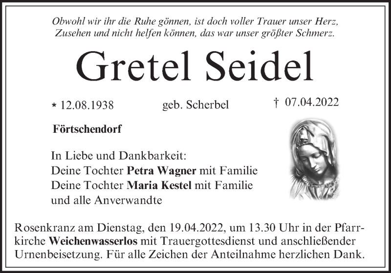  Traueranzeige für Gretel Seidel vom 16.04.2022 aus MGO