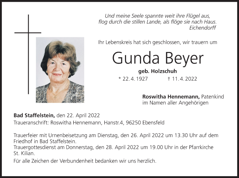  Traueranzeige für Gunda Beyer vom 22.04.2022 aus MGO