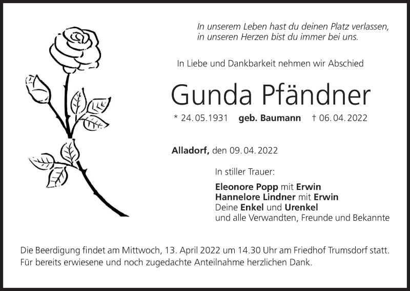  Traueranzeige für Gunda Pfändner vom 09.04.2022 aus MGO