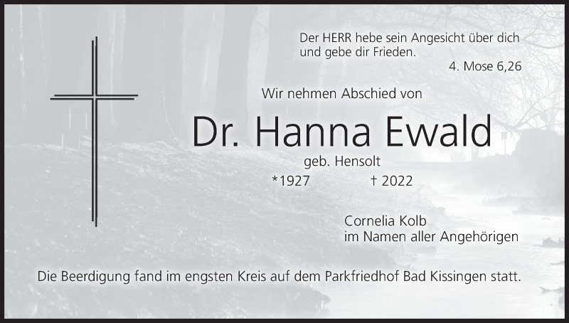  Traueranzeige für Hanna Ewald vom 02.04.2022 aus MGO