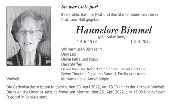 Anzeige von Hannelore Bimmel von MGO
