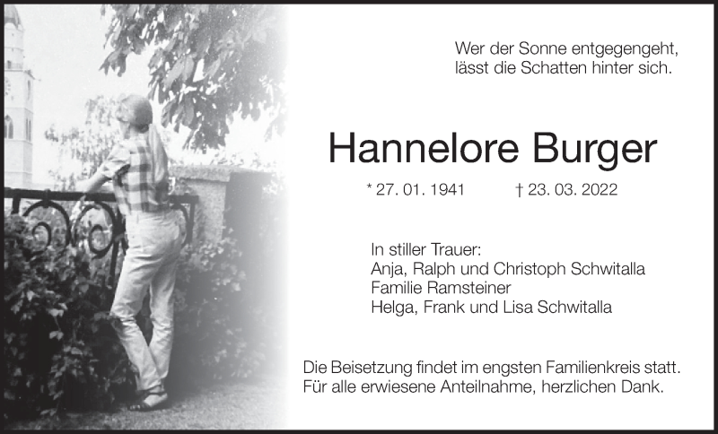  Traueranzeige für Hannelore Burger vom 02.04.2022 aus MGO