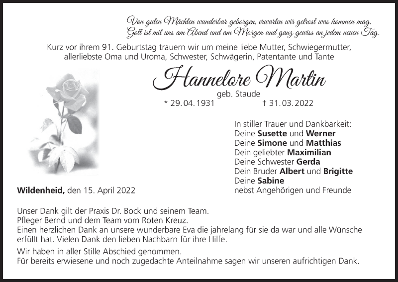  Traueranzeige für Hannelore Martin vom 16.04.2022 aus MGO