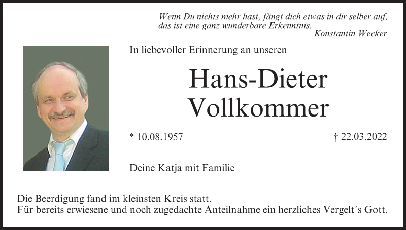  Traueranzeige für Hans-Dieter Vollkommer vom 02.04.2022 aus MGO
