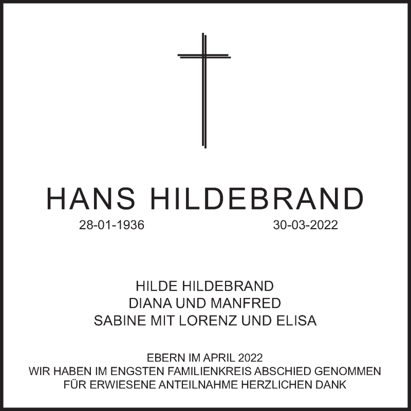  Traueranzeige für Hans Hildebrand vom 23.04.2022 aus MGO