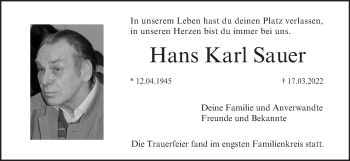 Anzeige von Hans Karl Sauer von MGO