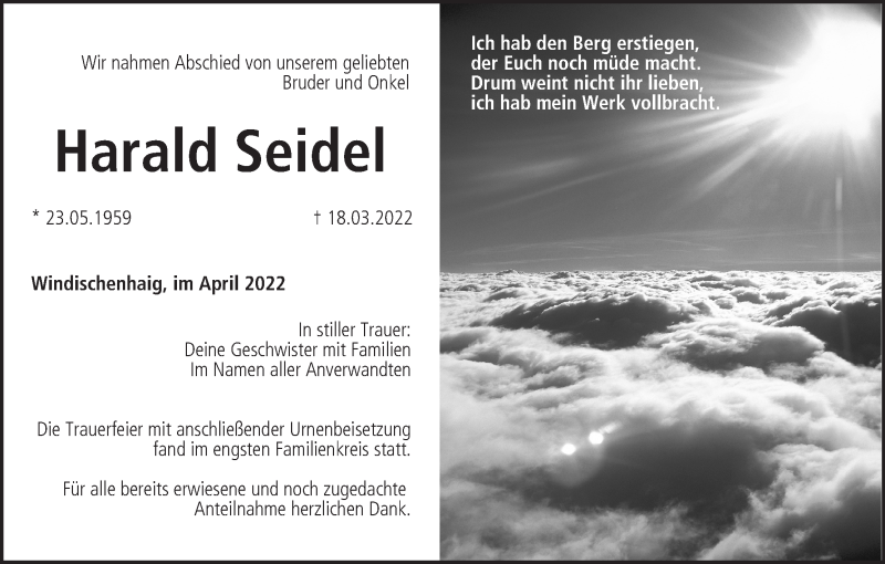  Traueranzeige für Harald Seidel vom 09.04.2022 aus MGO