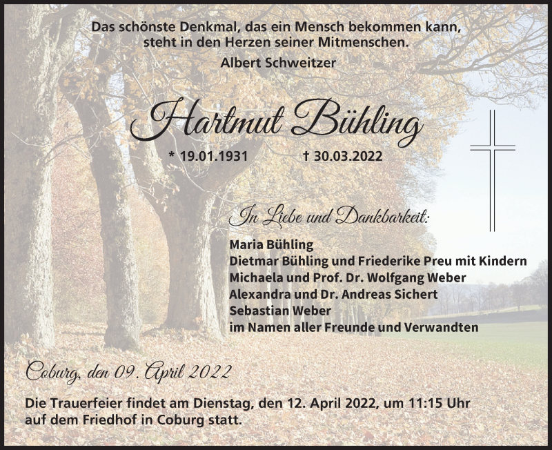  Traueranzeige für Hartmut Bühling vom 09.04.2022 aus MGO