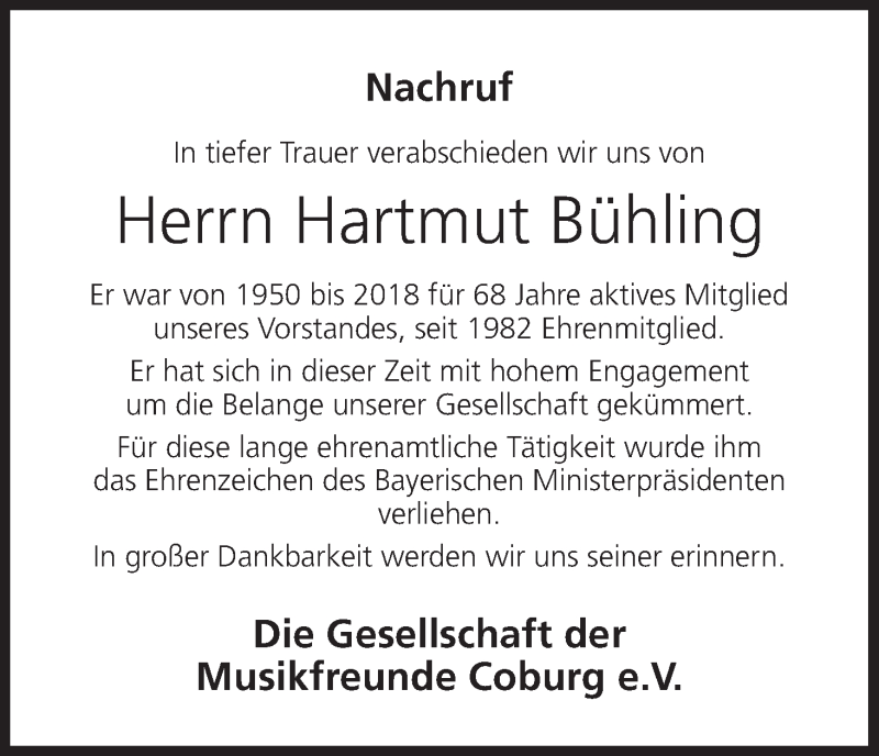  Traueranzeige für Hartmut Bühling vom 12.04.2022 aus MGO