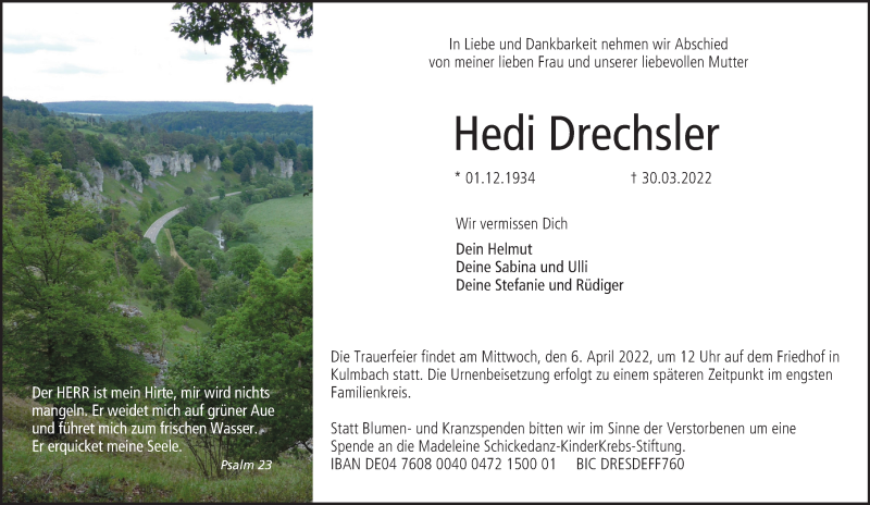  Traueranzeige für Hedi Drechsler vom 02.04.2022 aus MGO