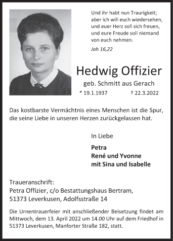 Anzeige von Hedwig Offizier von MGO