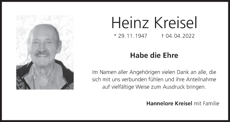  Traueranzeige für Heinz Kreisel vom 14.04.2022 aus MGO