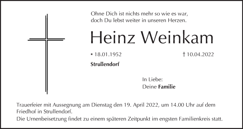  Traueranzeige für Heinz Weinkam vom 16.04.2022 aus MGO