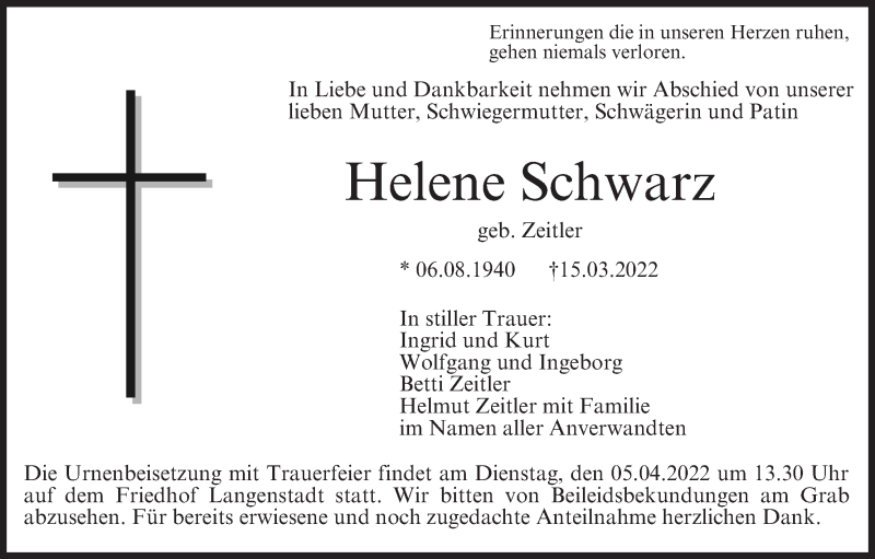  Traueranzeige für Helene Schwarz vom 02.04.2022 aus MGO