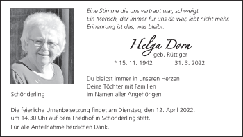 Anzeige von Helga Dorn von MGO