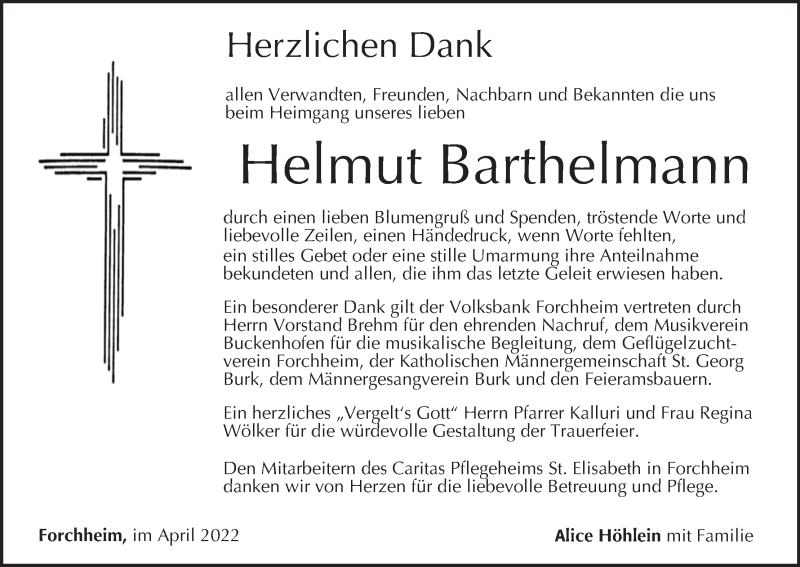  Traueranzeige für Helmut Barthelmann vom 16.04.2022 aus MGO