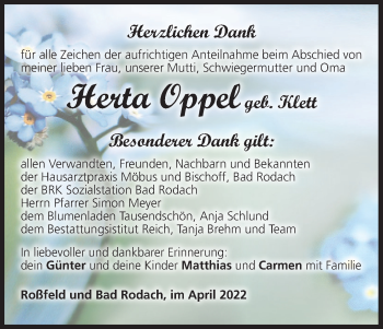 Anzeige von Herta Oppel von MGO