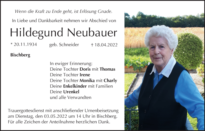  Traueranzeige für Hildegund Neubauer vom 23.04.2022 aus MGO