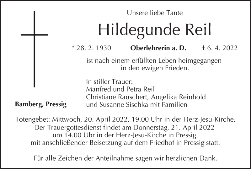  Traueranzeige für Hildegunde Reil vom 14.04.2022 aus MGO