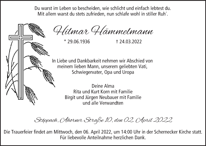  Traueranzeige für Hilmar Hämmelmann vom 02.04.2022 aus MGO